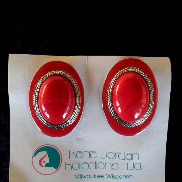 Vintage Karla Jordan - Red Silver Oval Earrings - Picture 2 of 5